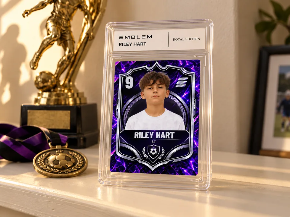 Riley Hart’s Royal Edition Emblem card in a clear display case beside a football trophy and medal.