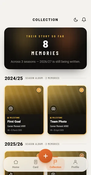 The Emblem app on a phone, showing Riley Hart's collection: eight memories across three seasons, with coach-verified season albums.