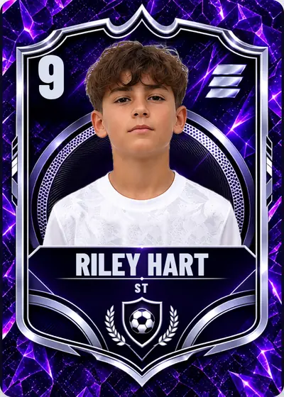 Royal Edition personalised football card for a sample player, Riley Hart, number 9